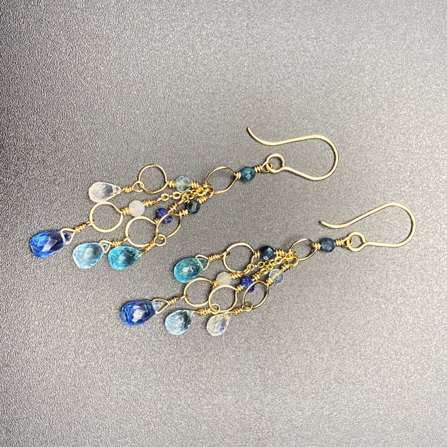 Elegant blue gold earrings, Frozen waterfall earrings, teal, something blue for bride