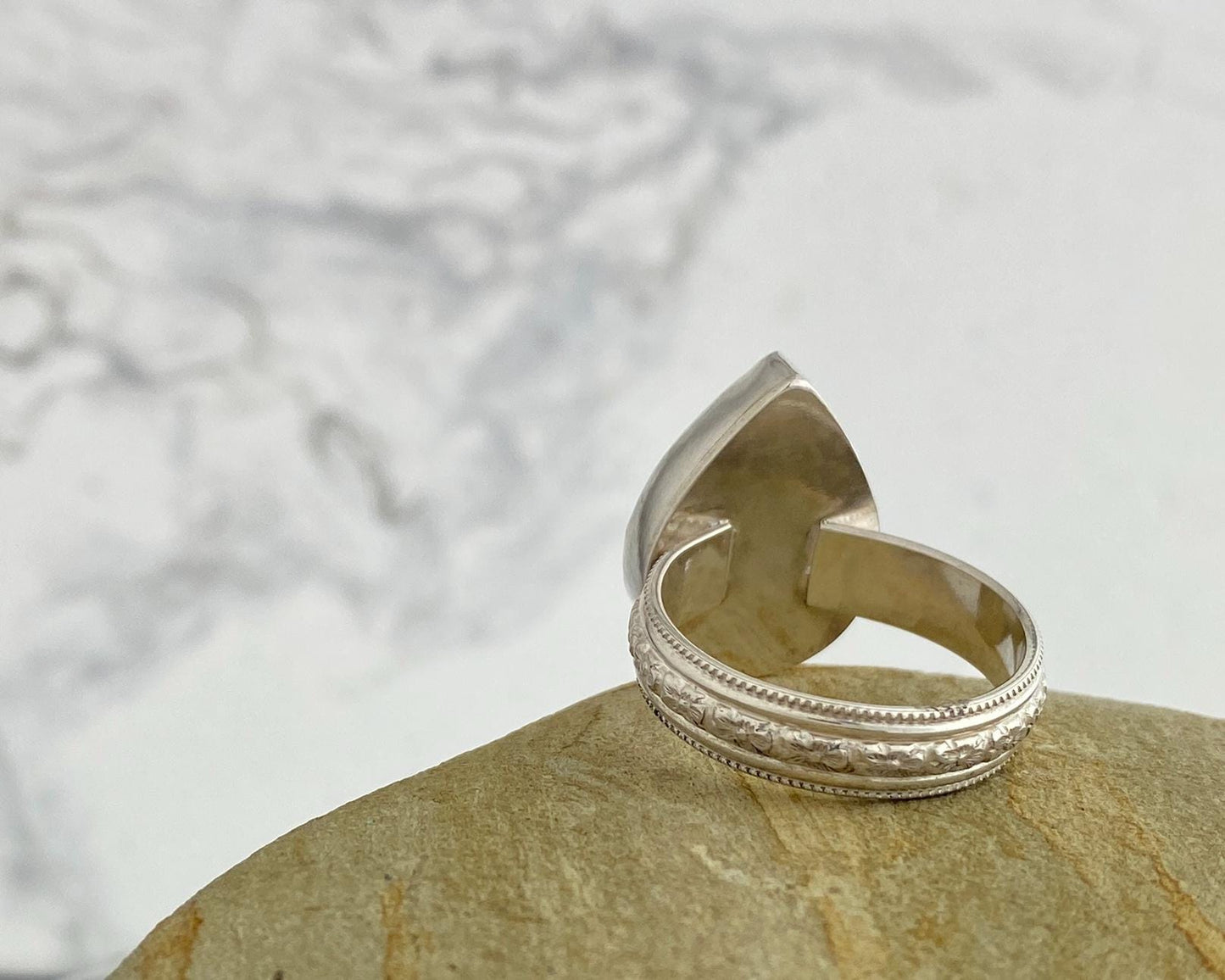 Fossil palm ring, size 10 3/4, neutral silver ring, wide silver flower band