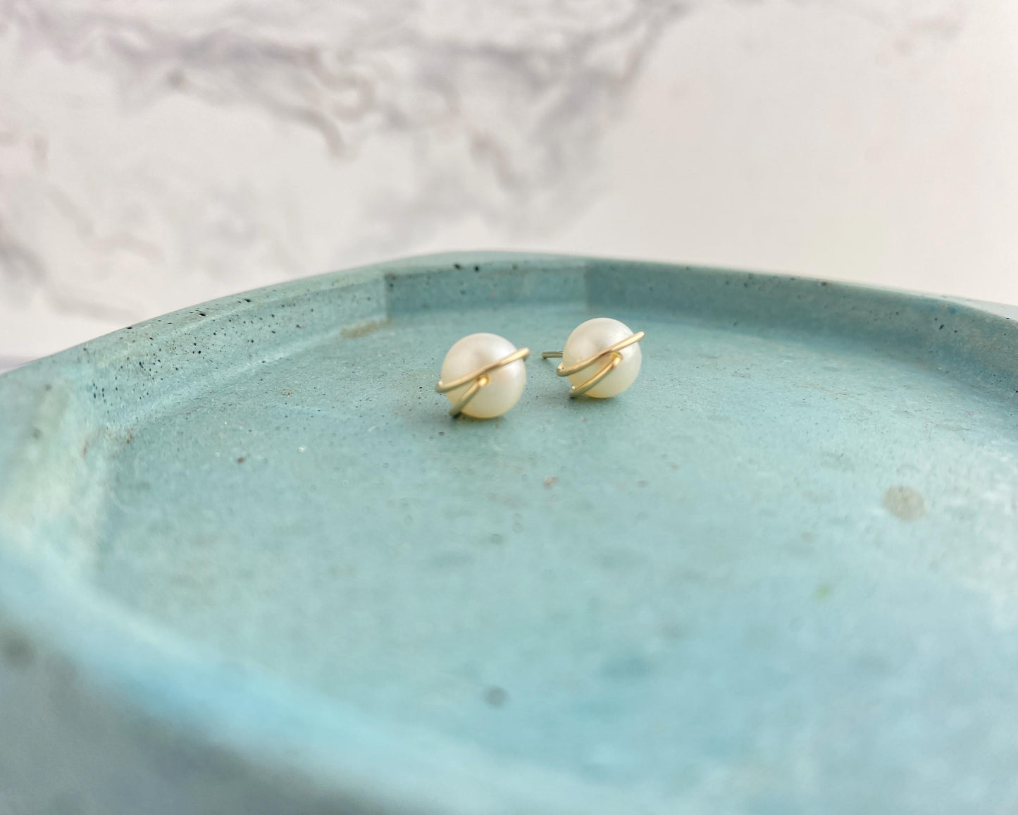 Pearl studs, gold or silver wire wrapped, hypoallergenic