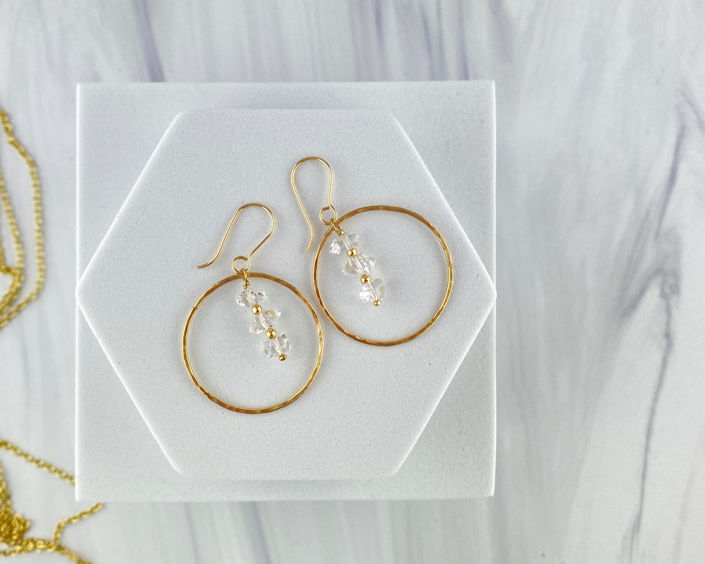 Herkimer Diamond Gold Hoop Earrings, colorless Quartz and gold-fill