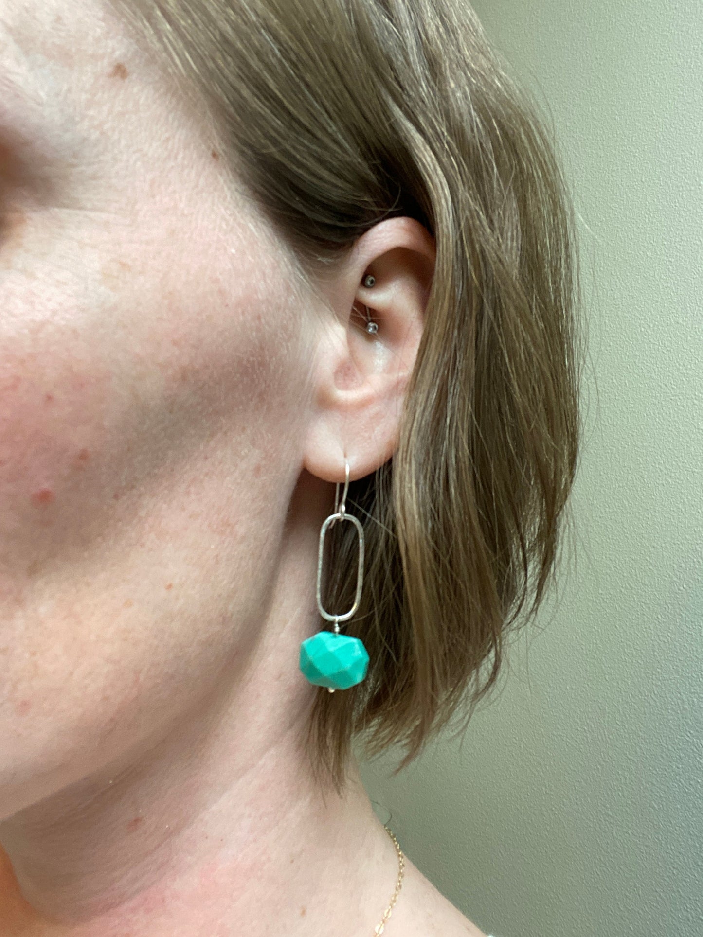 Apple agate rectangle silver earrings, green dangle