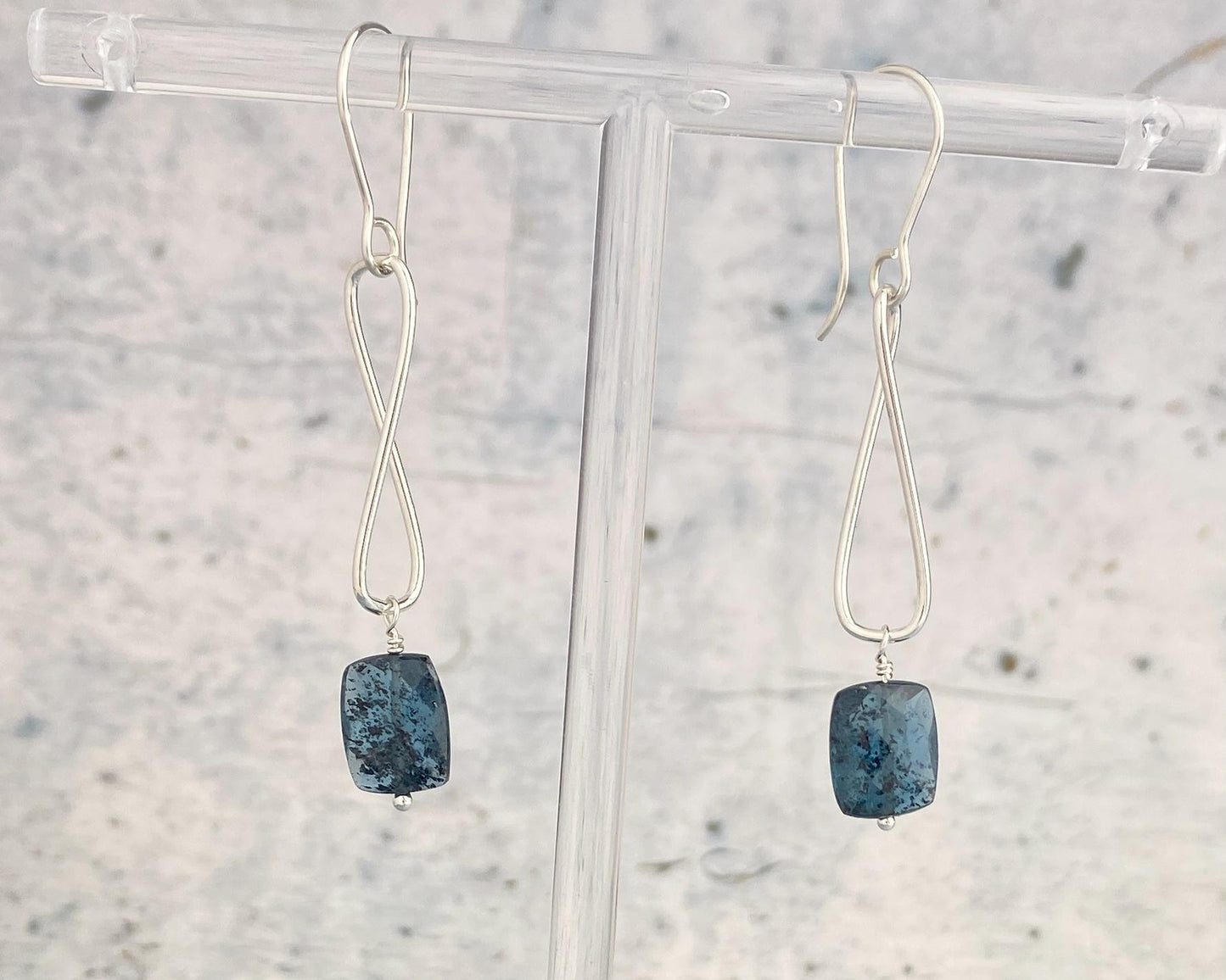 Teal kyanite and silver earrings, twisted sterling drops, moss kyanite dangles