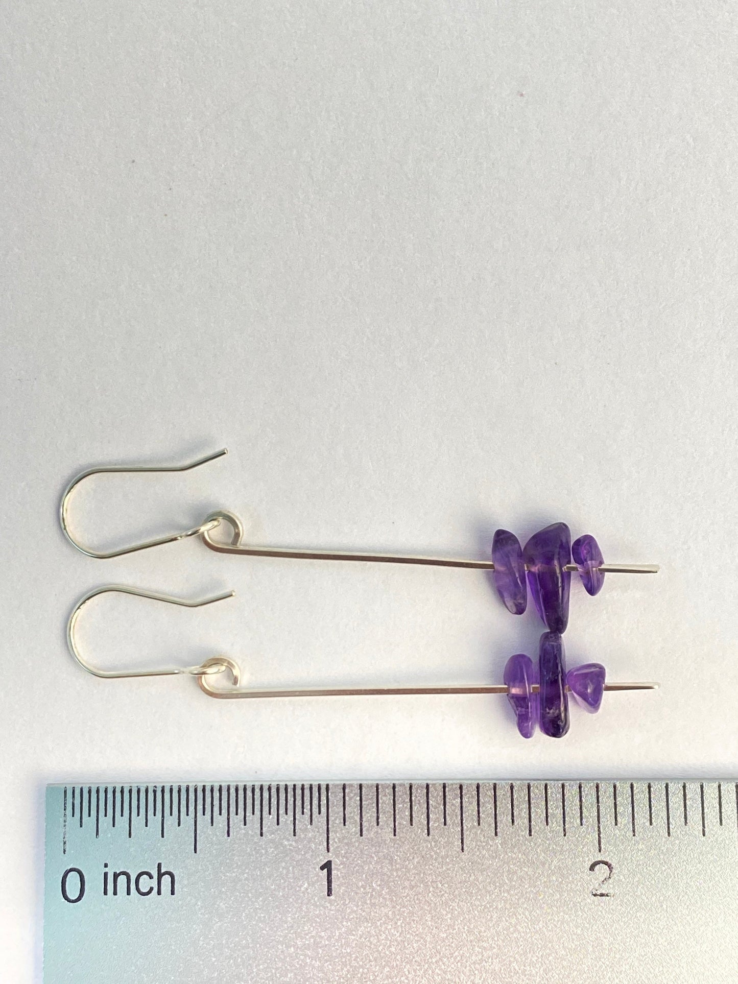 Amethyst earrings, hammered silver, long straight drop, made to order