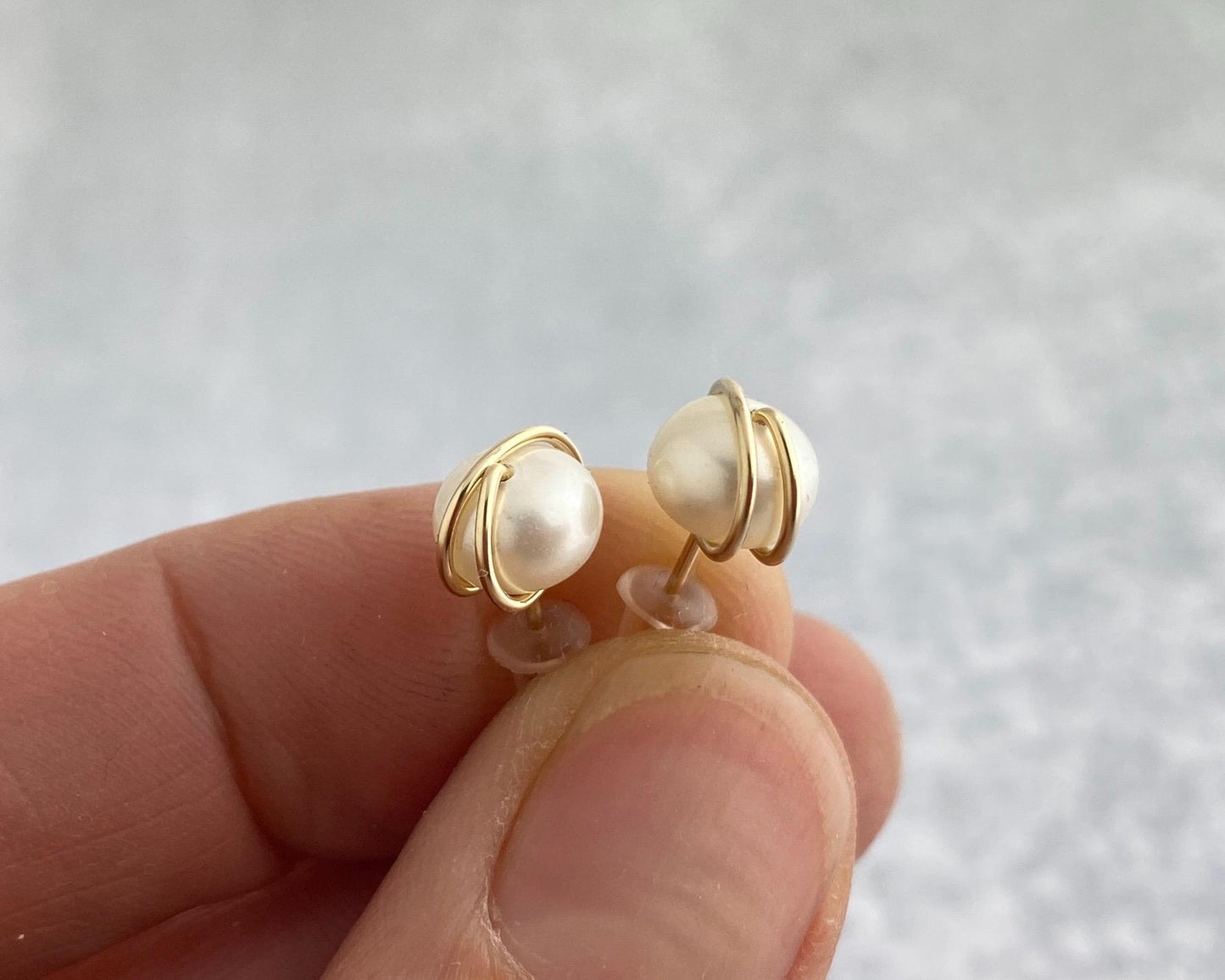 Pearl studs, gold or silver wire wrapped, hypoallergenic