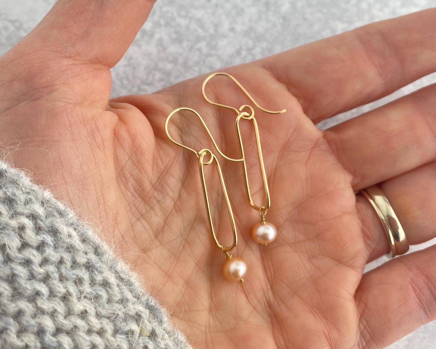 Pearl and gold earrings, twisted gold-fill drops, pink pearl dangles