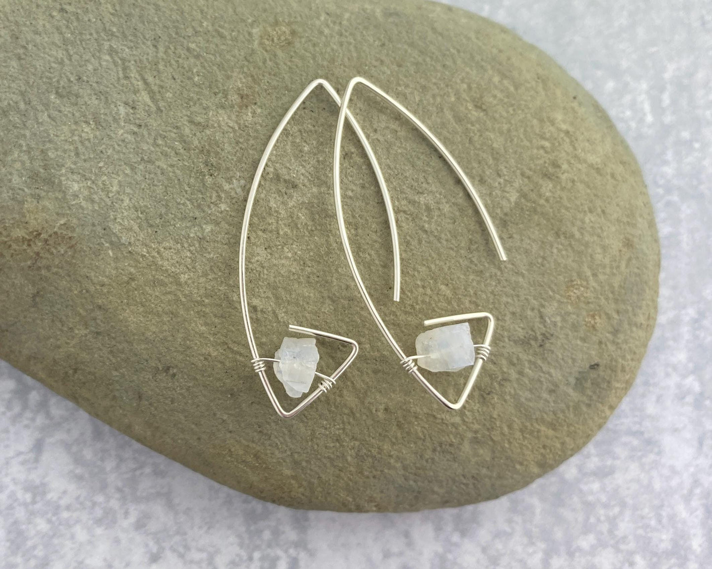 Architectural hoop earrings, silver or gold, raw gemstones