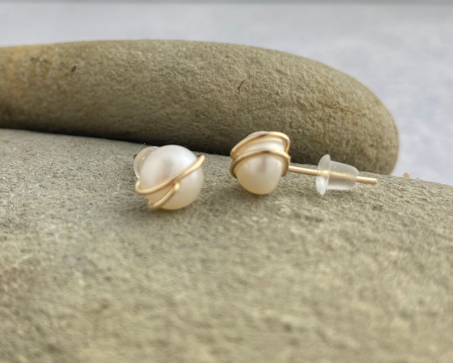 Pearl studs, gold or silver wire wrapped, hypoallergenic