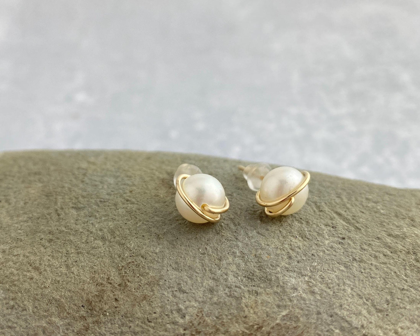 Pearl studs, gold or silver wire wrapped, hypoallergenic