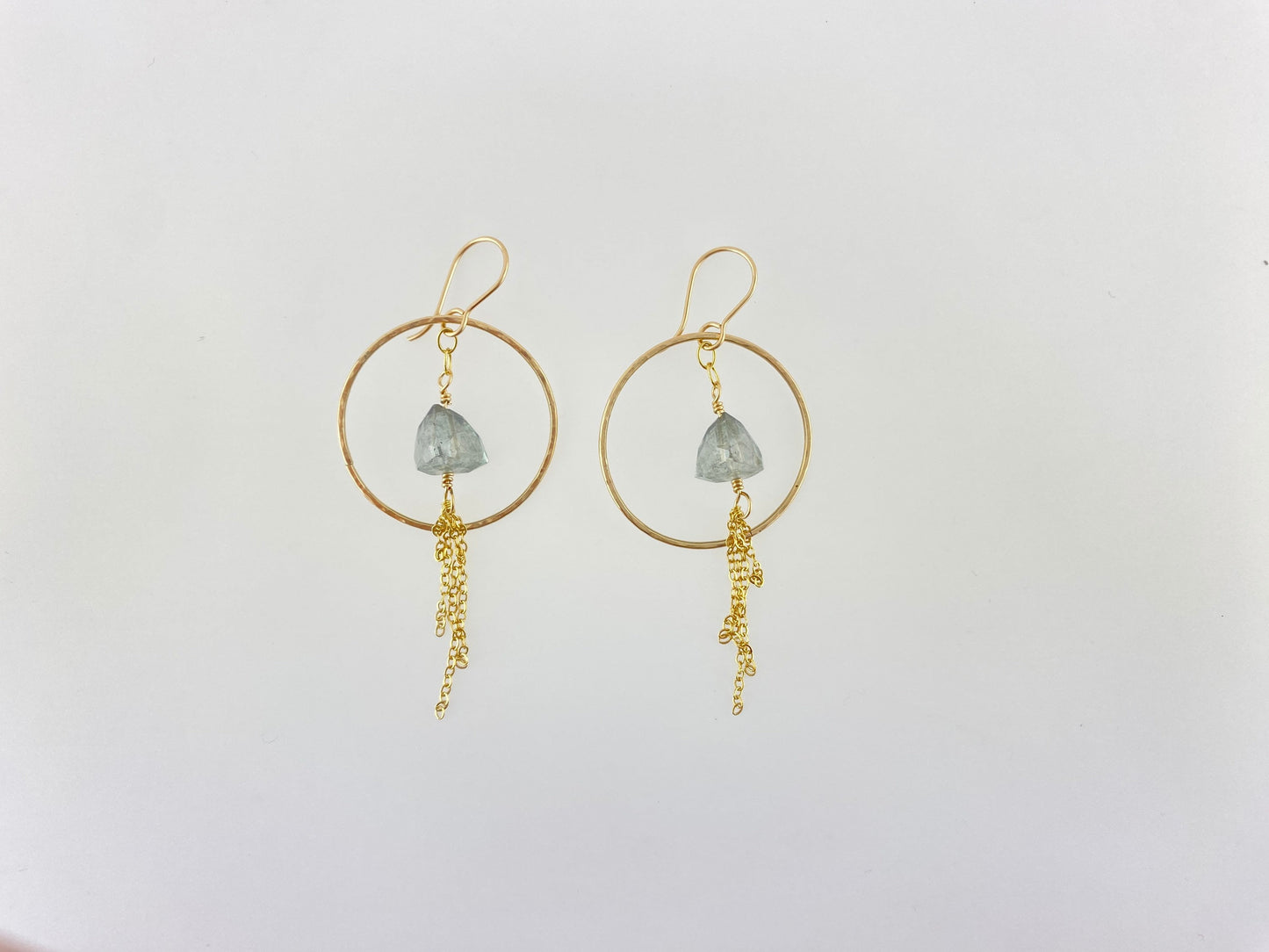 Gold hoop earrings, Pyramid teal tourmaline hoop dangles, gold-fill statement earrings