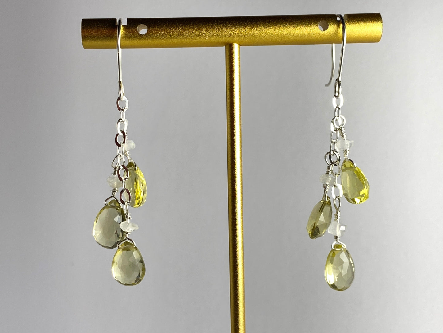 Lemon quartz sterling silver chain earrings, moonstone accents, made to order