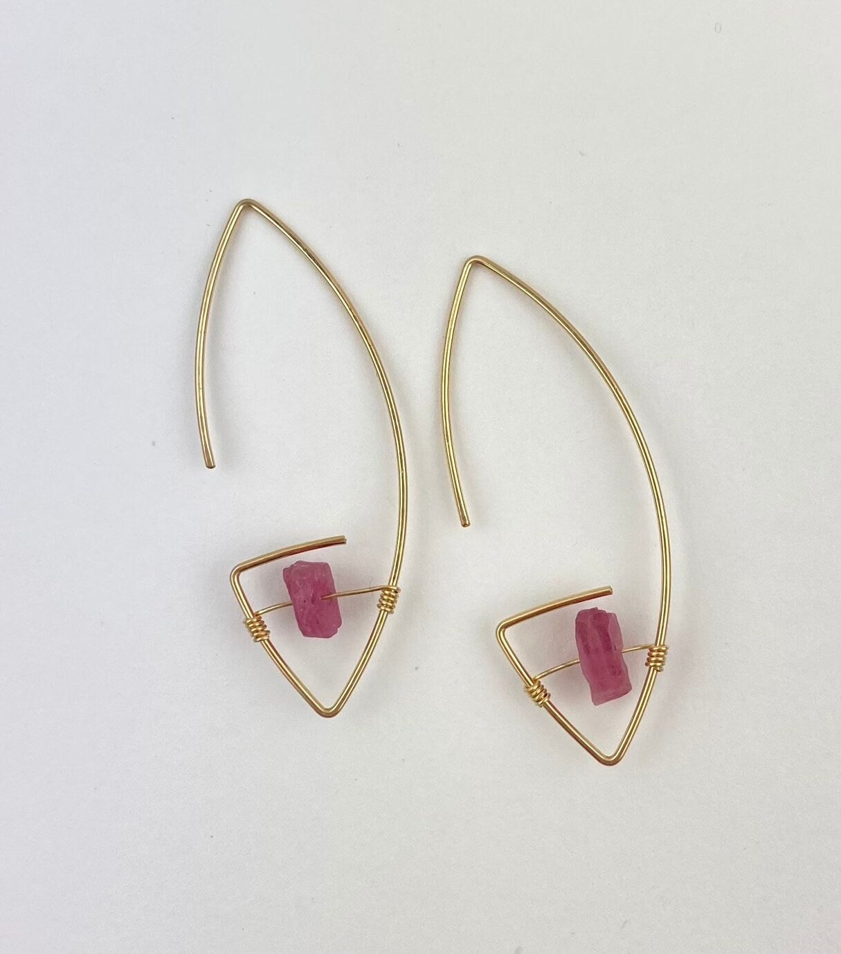 Architectural hoop earrings, silver or gold, raw gemstones