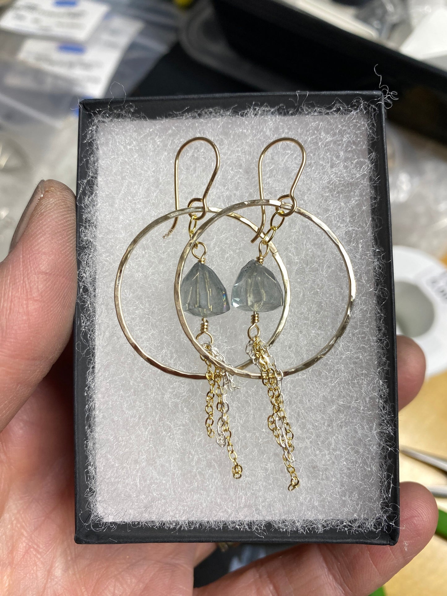 Gold hoop earrings, Pyramid teal tourmaline hoop dangles, gold-fill statement earrings