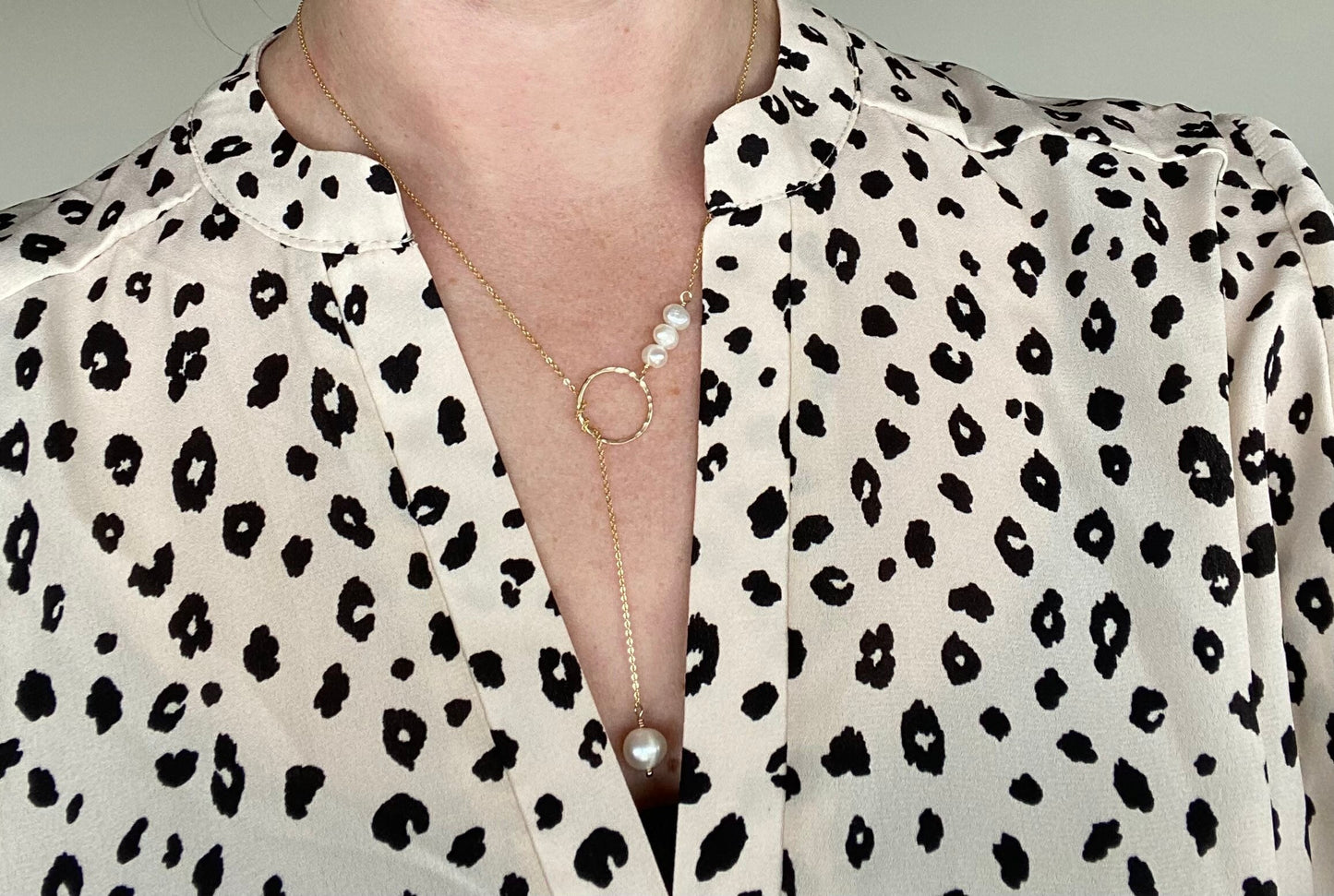 Pearl and gold lariat necklace, dainty, 20”, cultured coin pearl