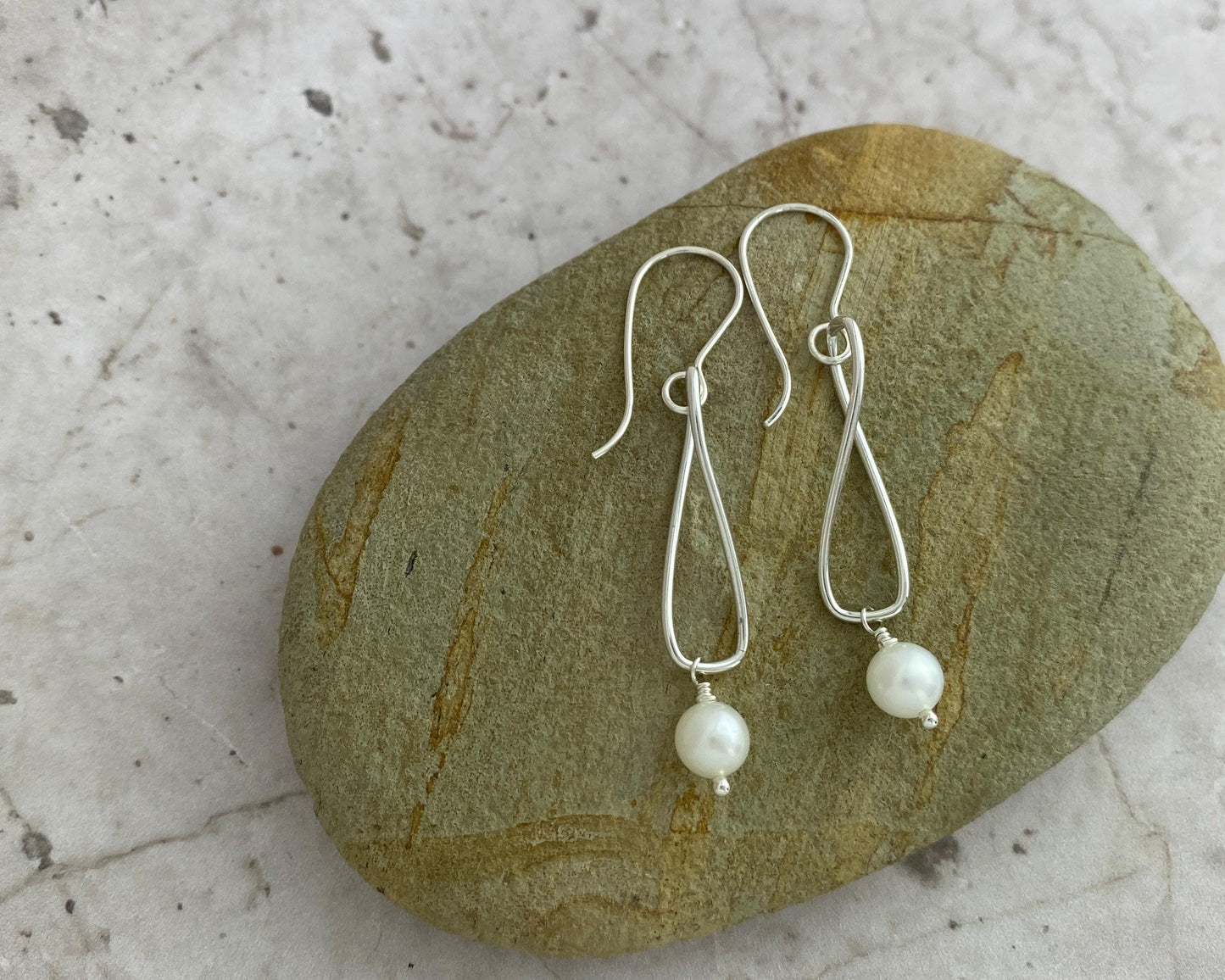 Pearl and silver earrings, twisted sterling drops, white pearl dangles