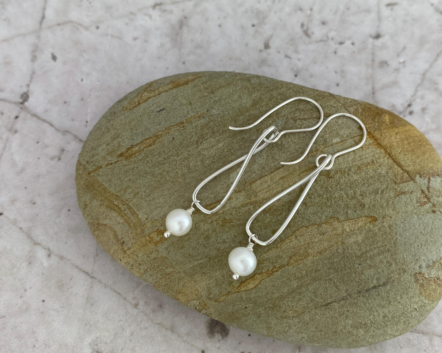 Pearl and silver earrings, twisted sterling drops, white pearl dangles