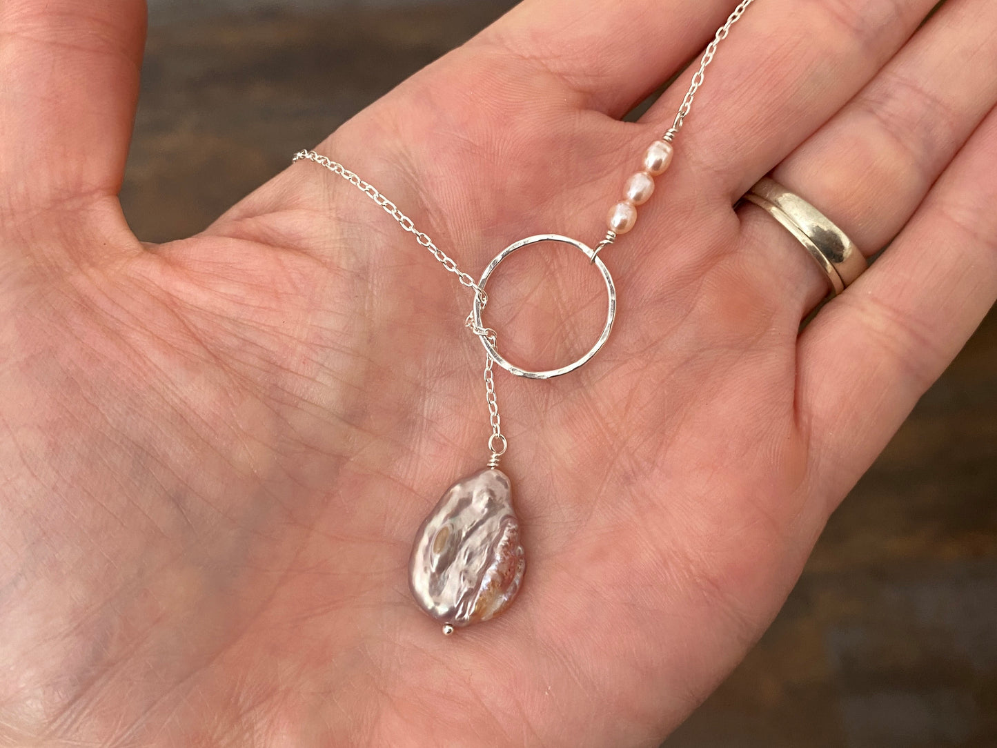 Pink pearl and silver lariat necklace, dainty, 20”, pink Keshi pearl, y necklace