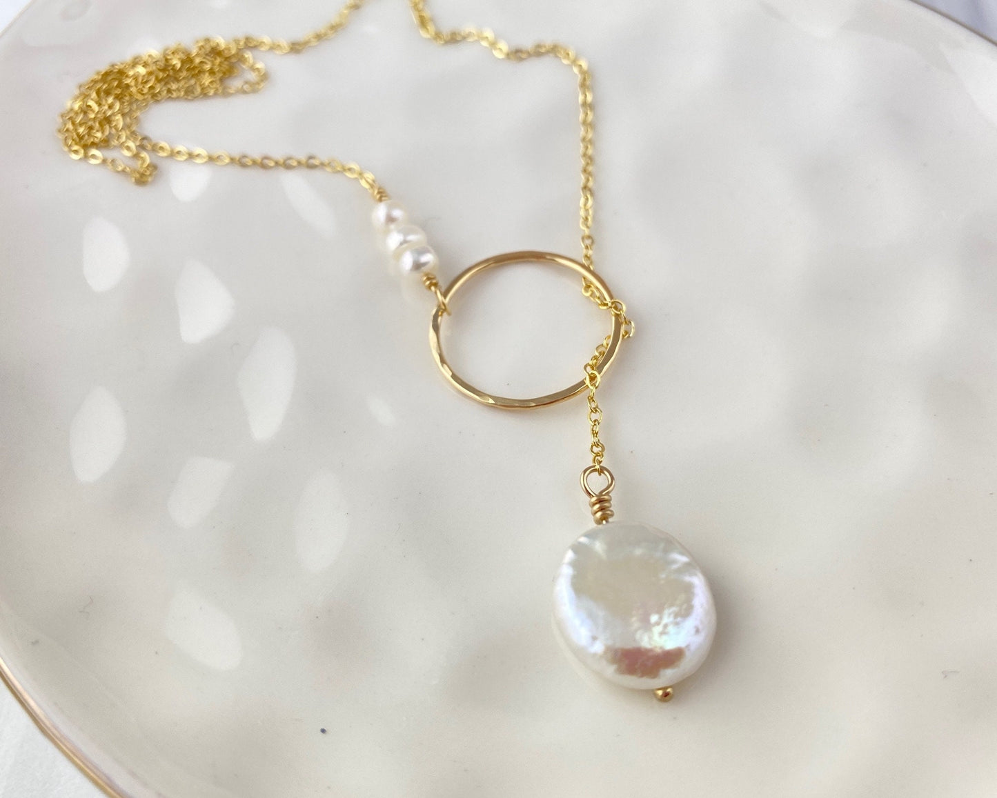 Pearl and gold lariat necklace, dainty, 20”, cultured coin pearl