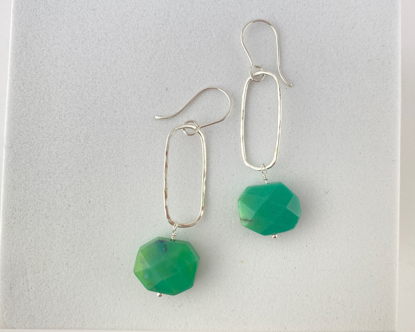 Apple agate rectangle silver earrings, green dangle