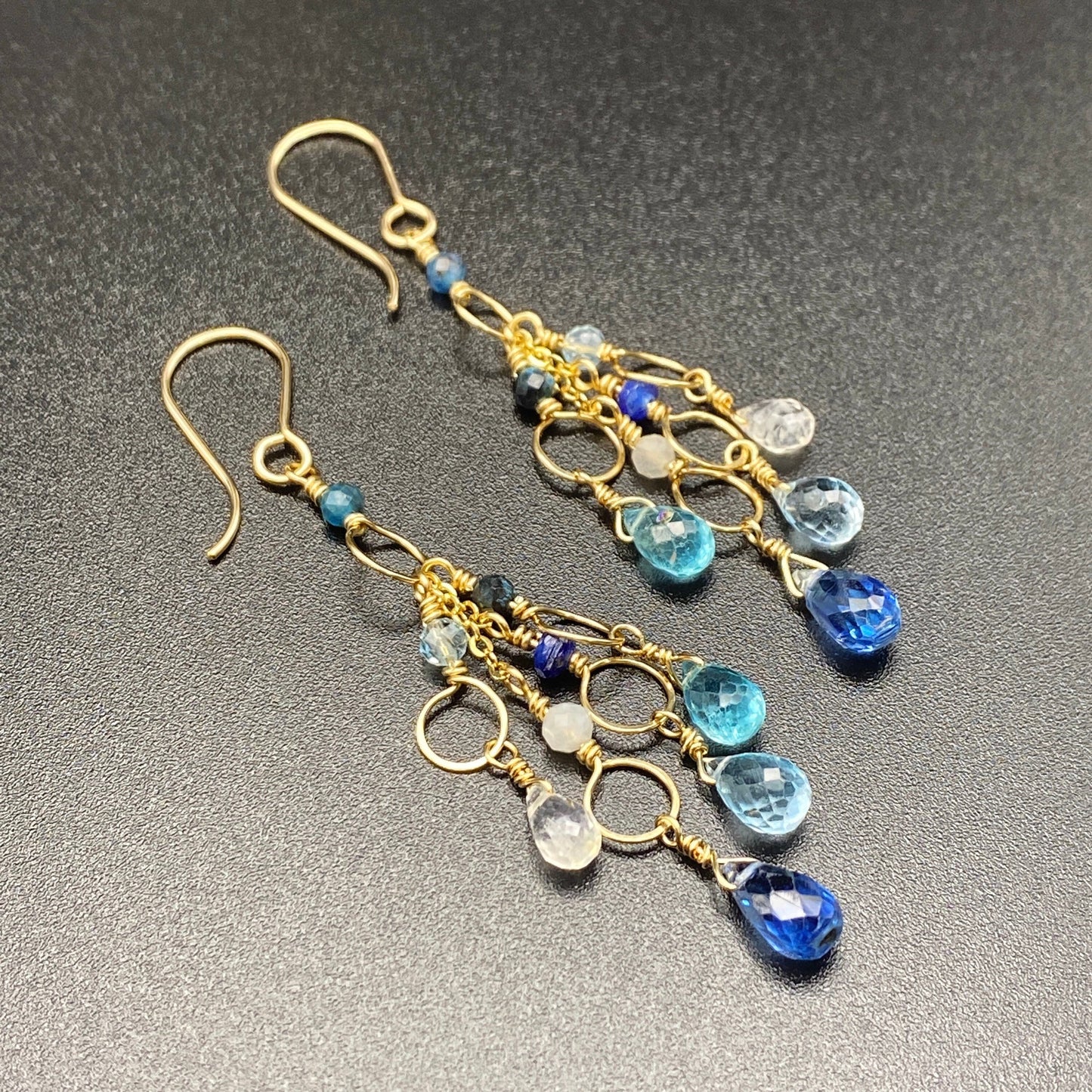 Elegant blue gold earrings, Frozen waterfall earrings, teal, something blue for bride