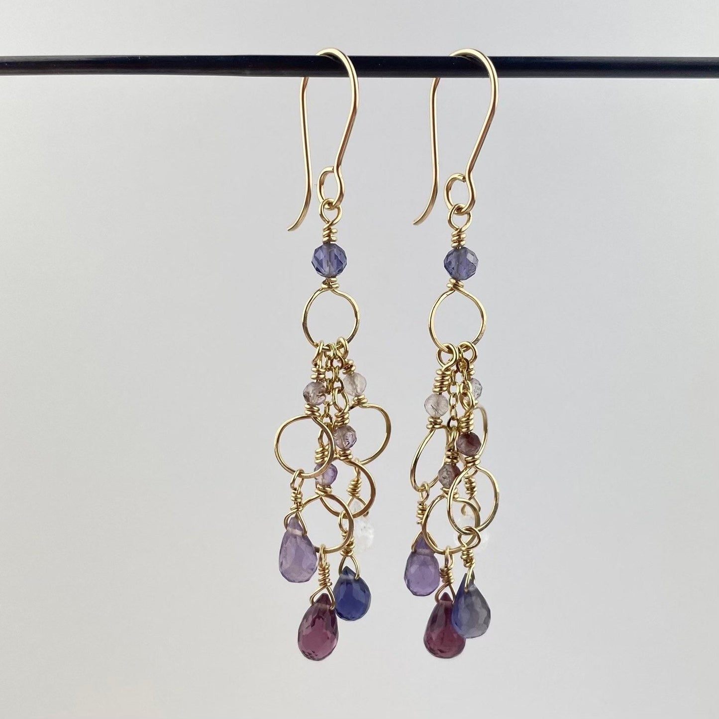 Jewel tone waterfall dangle earrings, blue, purple, lavender earrings lightweight