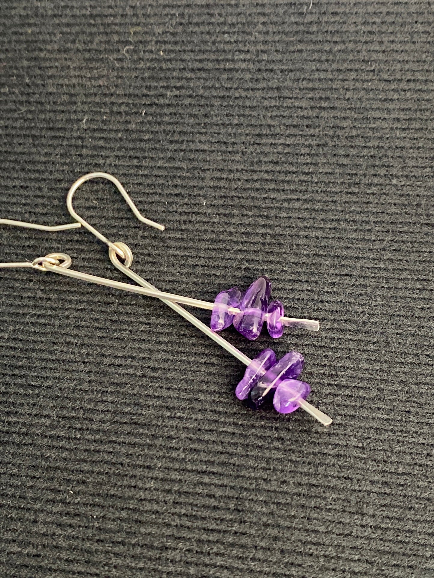 Amethyst earrings, hammered silver, long straight drop, made to order