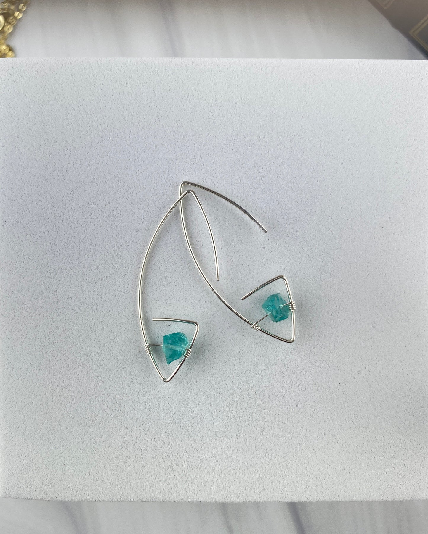 Architectural hoop earrings, silver or gold, raw gemstones