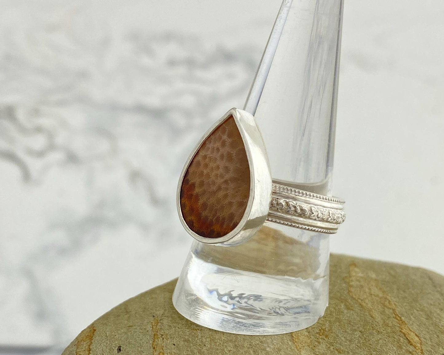 Fossil palm ring, size 10 3/4, neutral silver ring, wide silver flower band