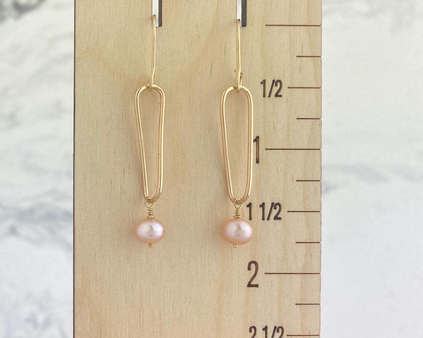 Pearl and gold earrings, twisted gold-fill drops, pink pearl dangles