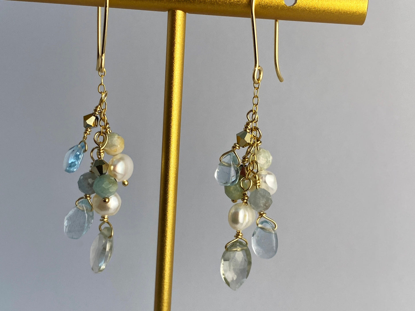 Aquamarine, prasiolite and pearl earrings, gold-fill, soft green, sea-foam