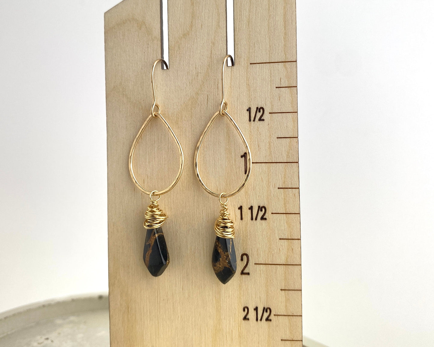 Black Gold Teardrop Earrings, obsidian copper stones on gold-fill, wrapped stones