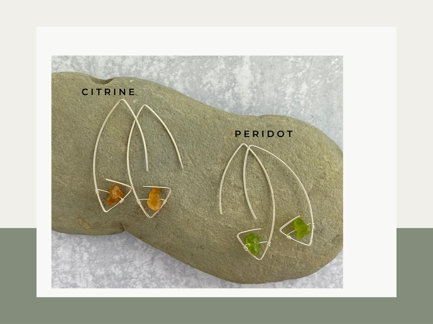 Architectural hoop earrings, silver or gold, raw gemstones