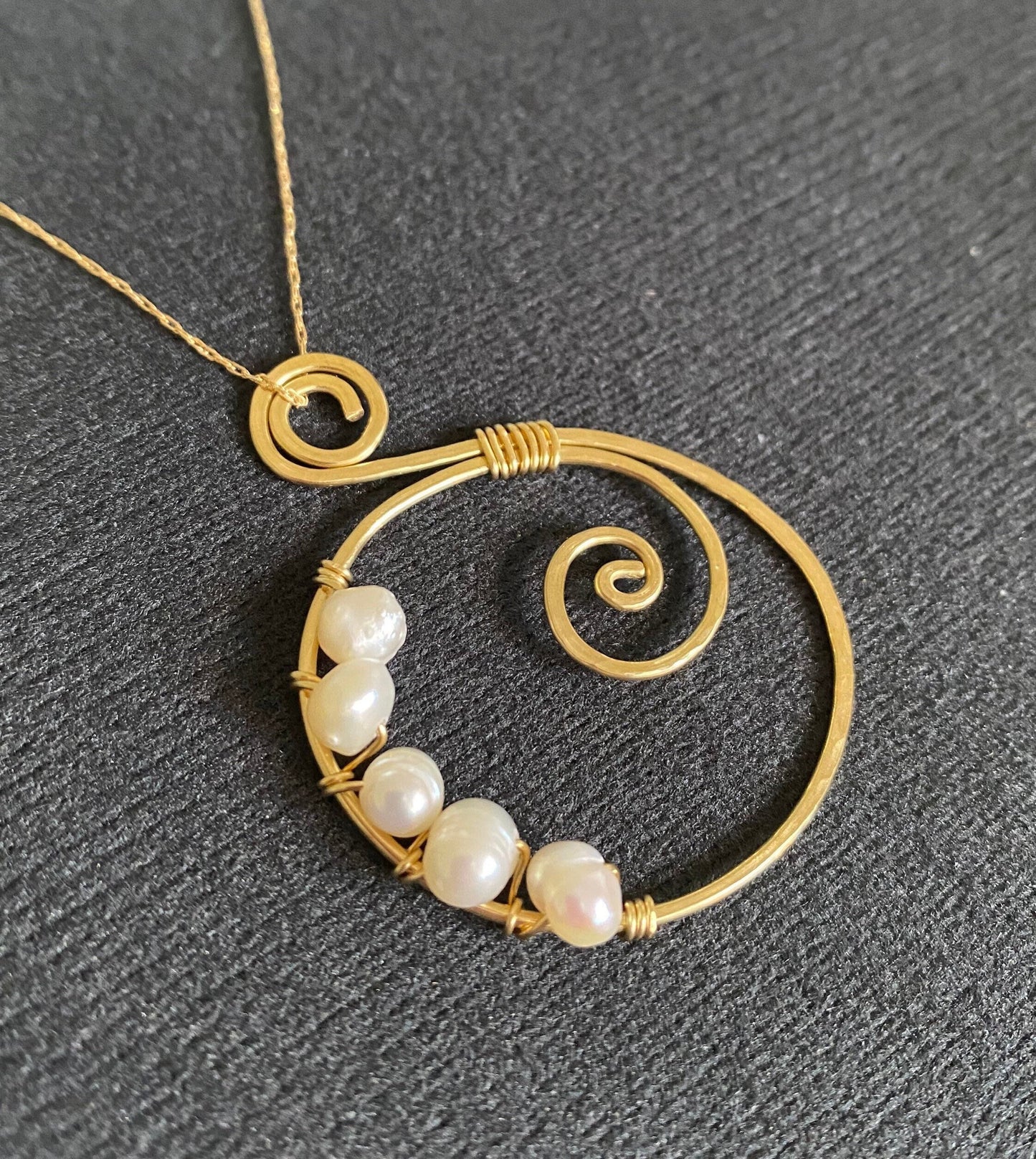 Hammered gold-fill pendant, cultured pearls, spiral and wire wrapped