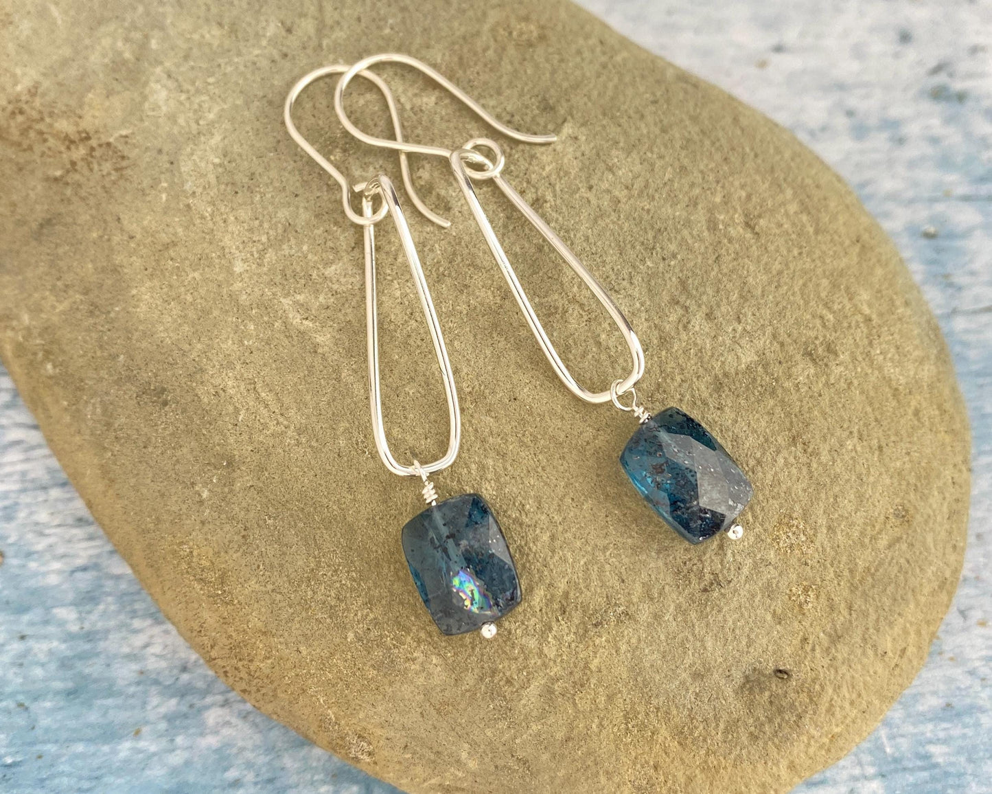 Teal kyanite and silver earrings, twisted sterling drops, moss kyanite dangles
