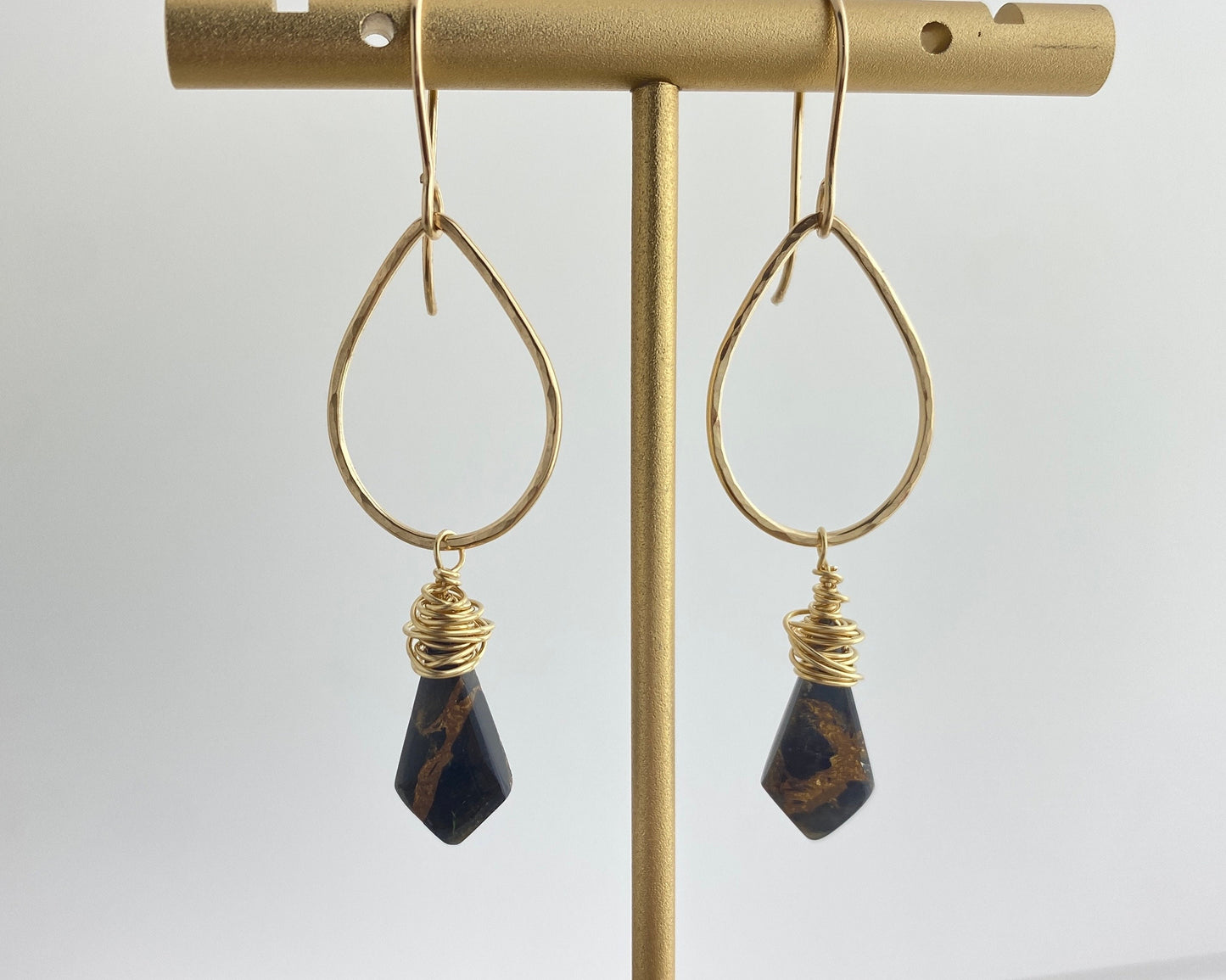 Black Gold Teardrop Earrings, obsidian copper stones on gold-fill, wrapped stones