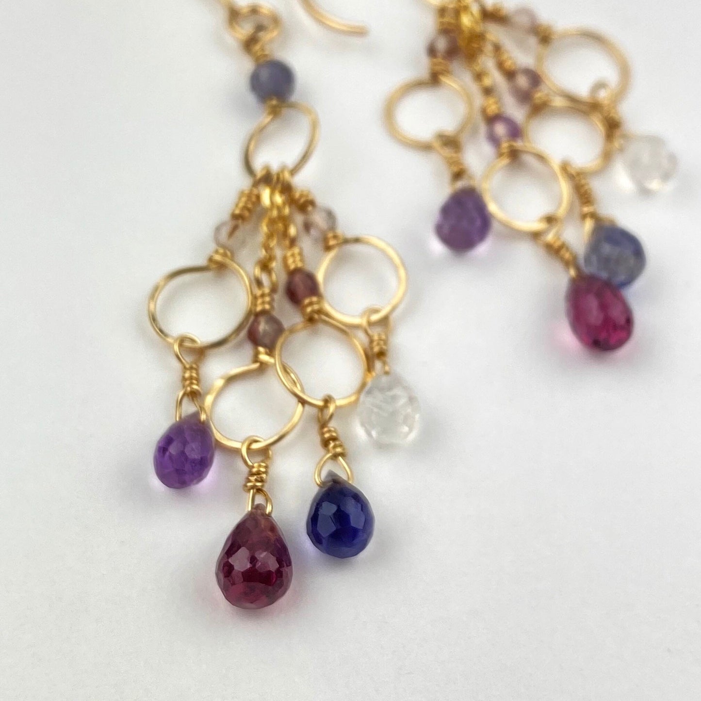 Jewel tone waterfall dangle earrings, blue, purple, lavender earrings lightweight