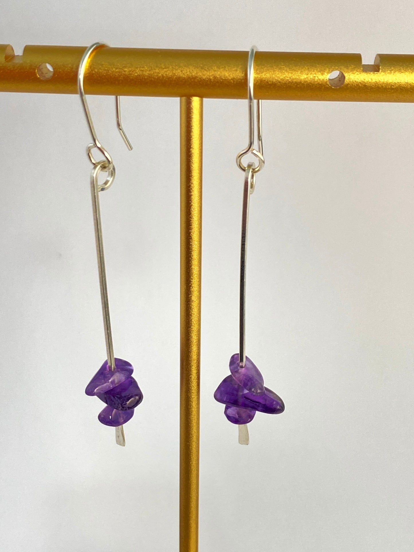 Amethyst earrings, hammered silver, long straight drop, made to order