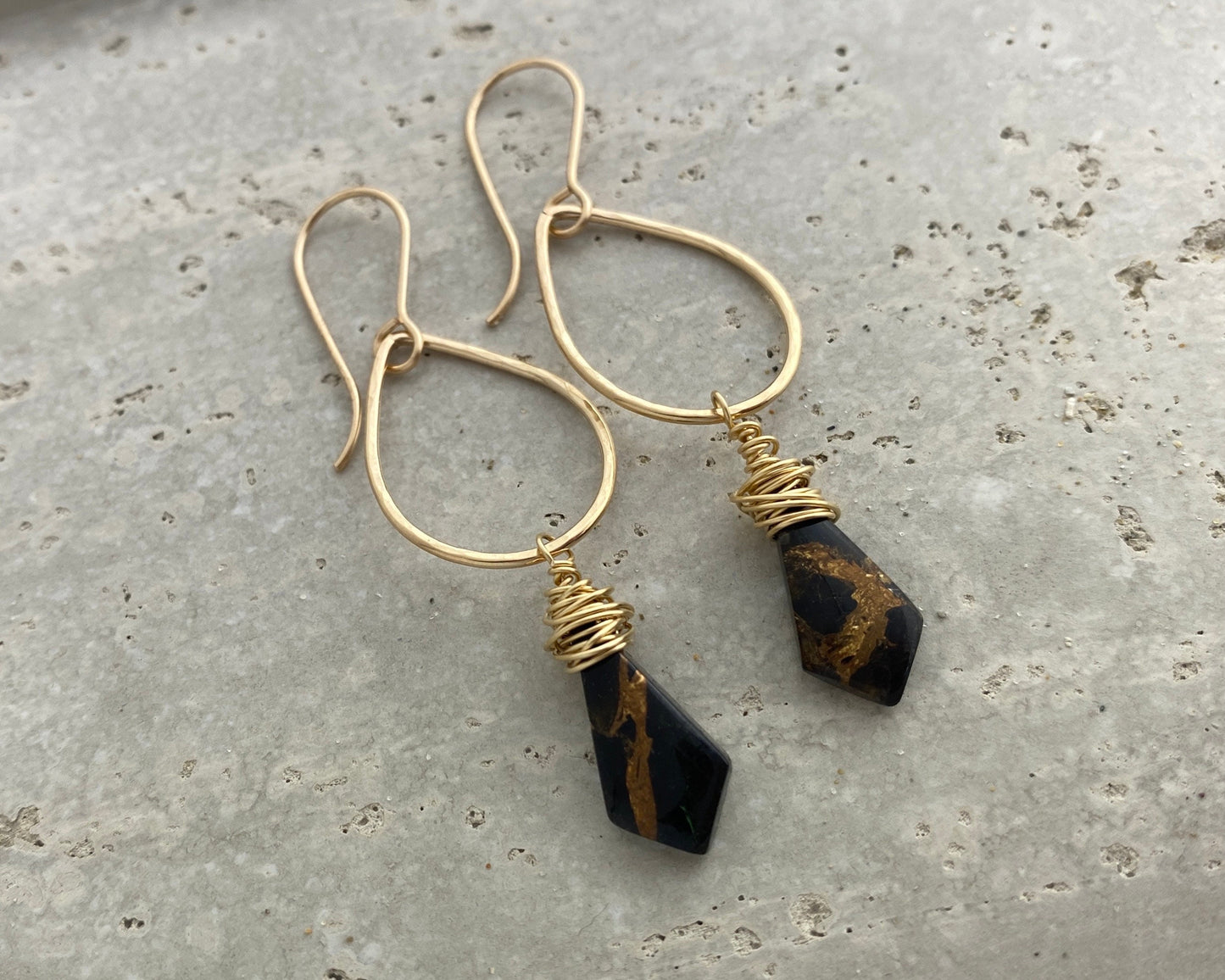 Black Gold Teardrop Earrings, obsidian copper stones on gold-fill, wrapped stones