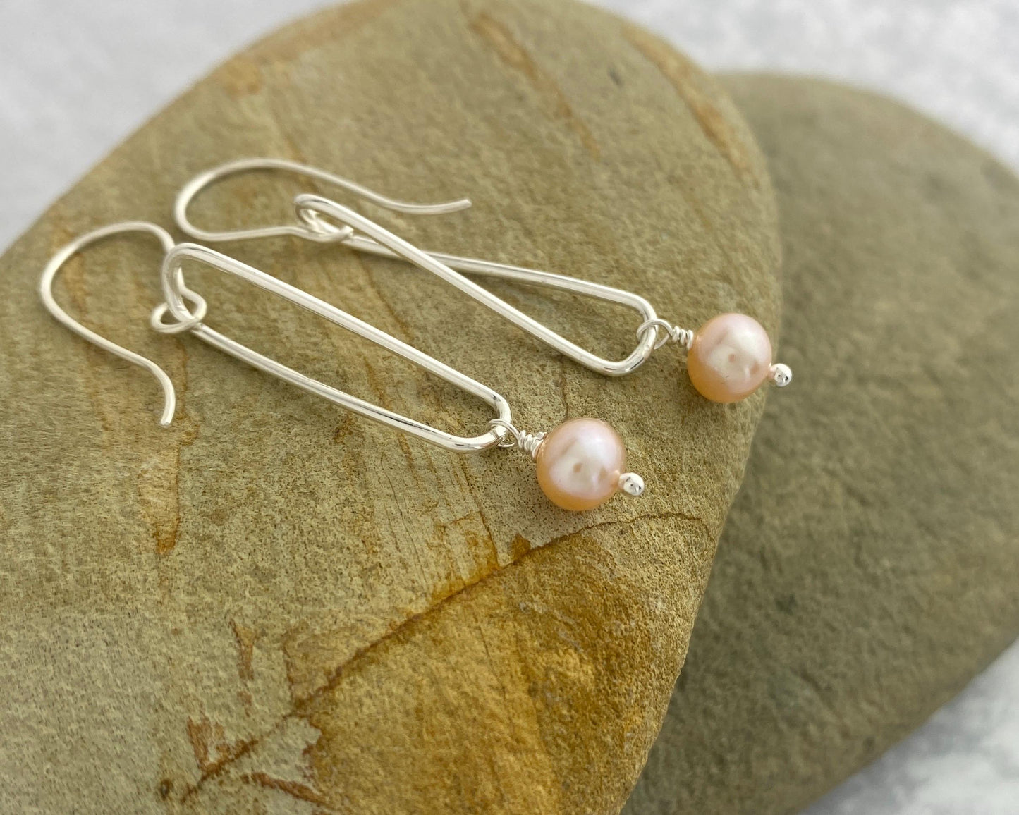 Pearl and silver earrings, twisted sterling drops, pink pearl dangles