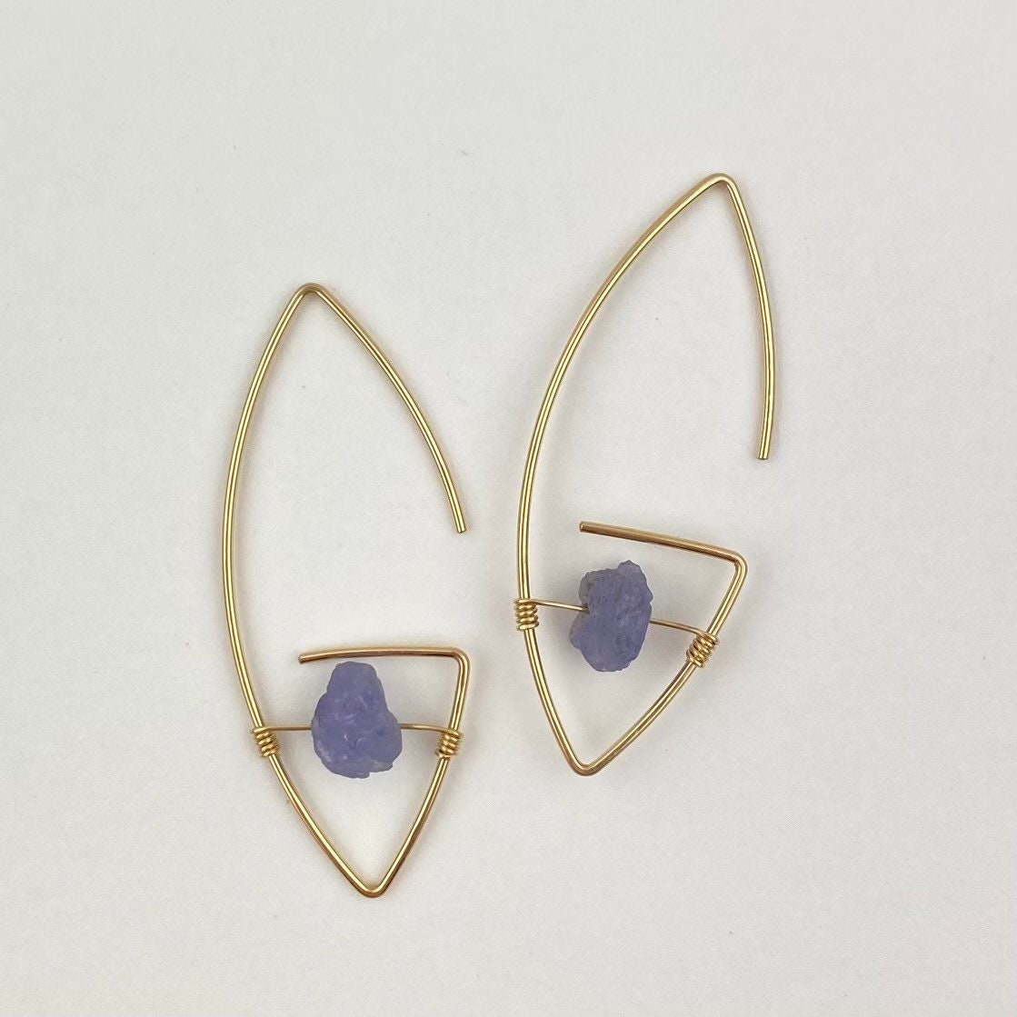 Architectural hoop earrings, silver or gold, raw gemstones