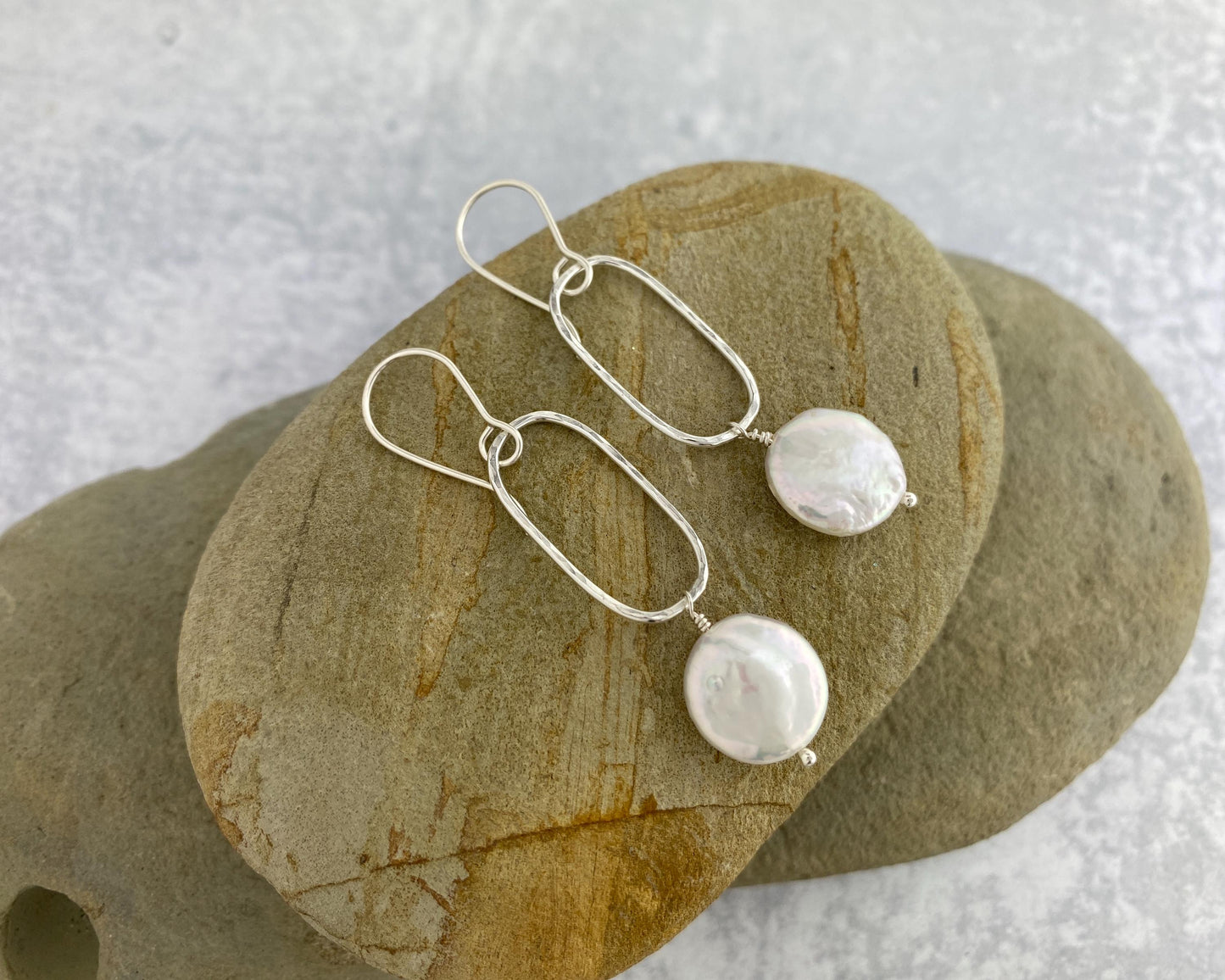 Pearl and silver rectangle earrings, hammered drops, date night jewelry