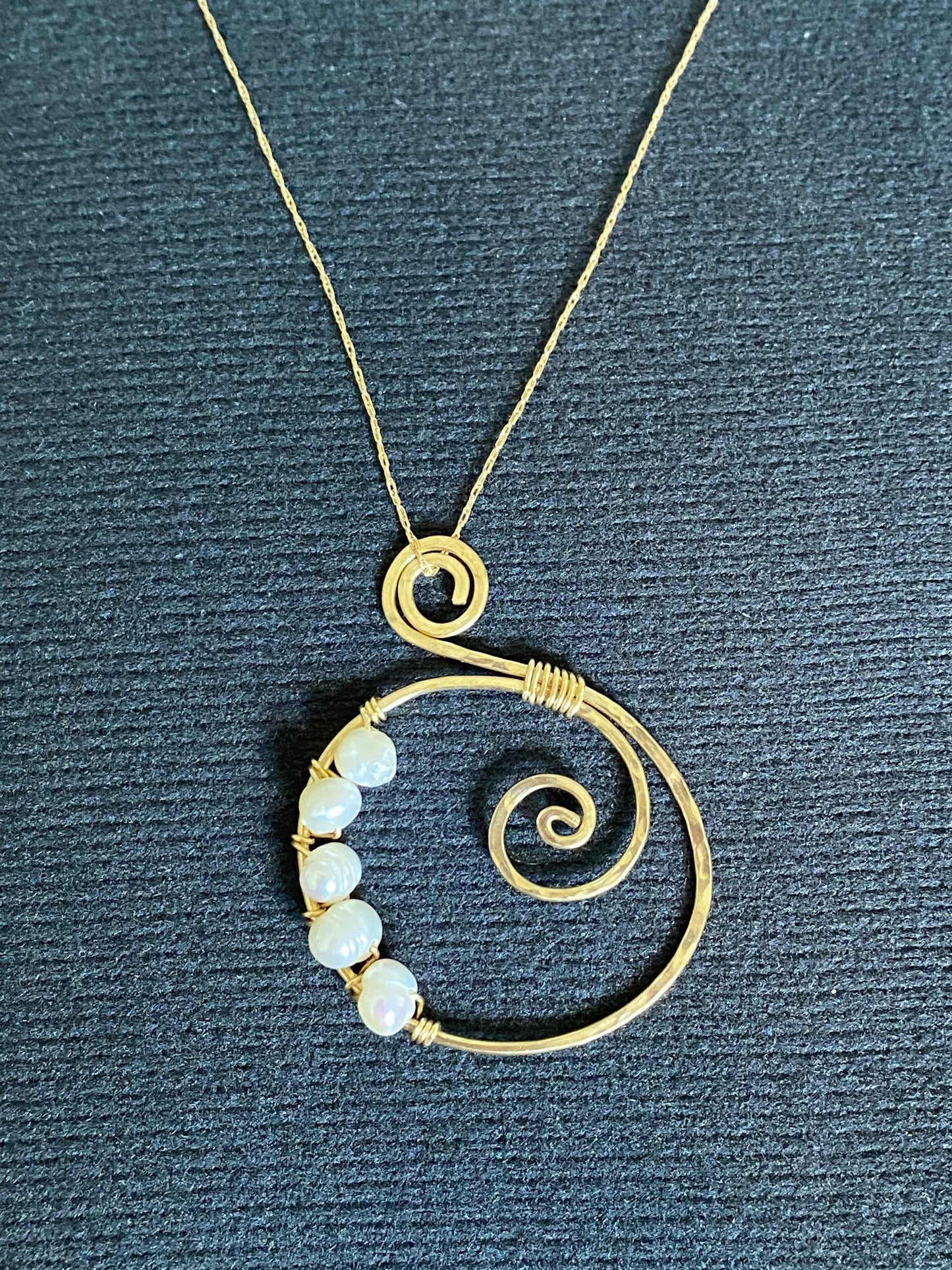 Hammered gold-fill pendant, cultured pearls, spiral and wire wrapped