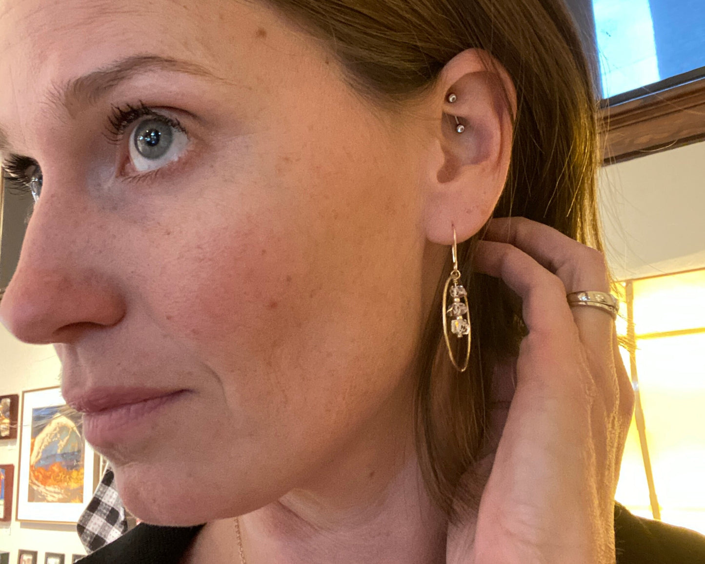 Herkimer Diamond Gold Hoop Earrings, colorless Quartz and gold-fill