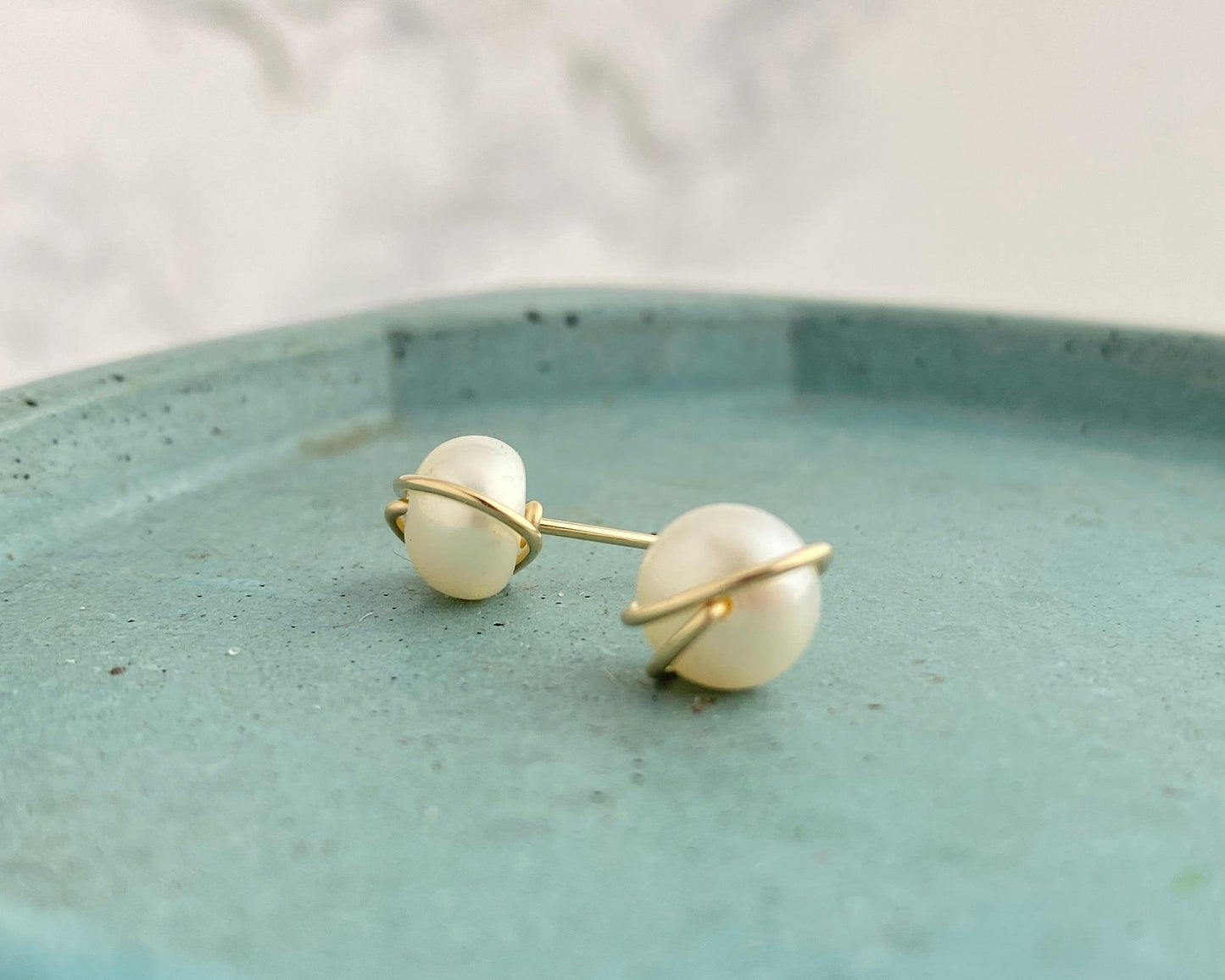 Pearl studs, gold or silver wire wrapped, hypoallergenic