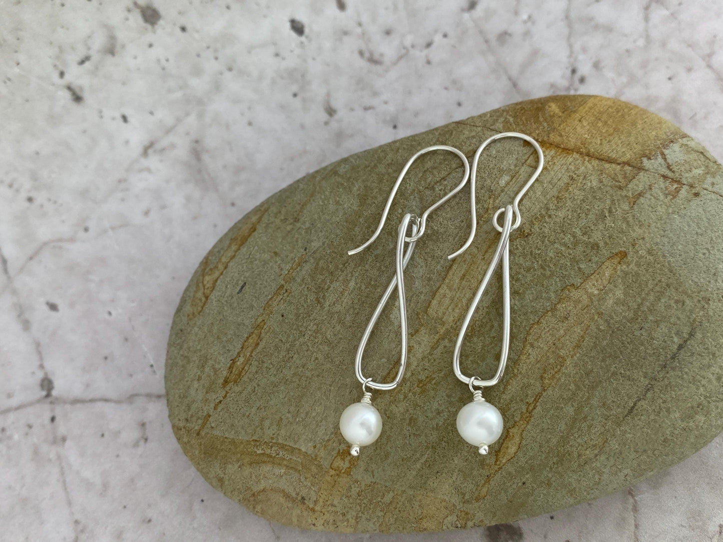 Pearl and silver earrings, twisted sterling drops, white pearl dangles