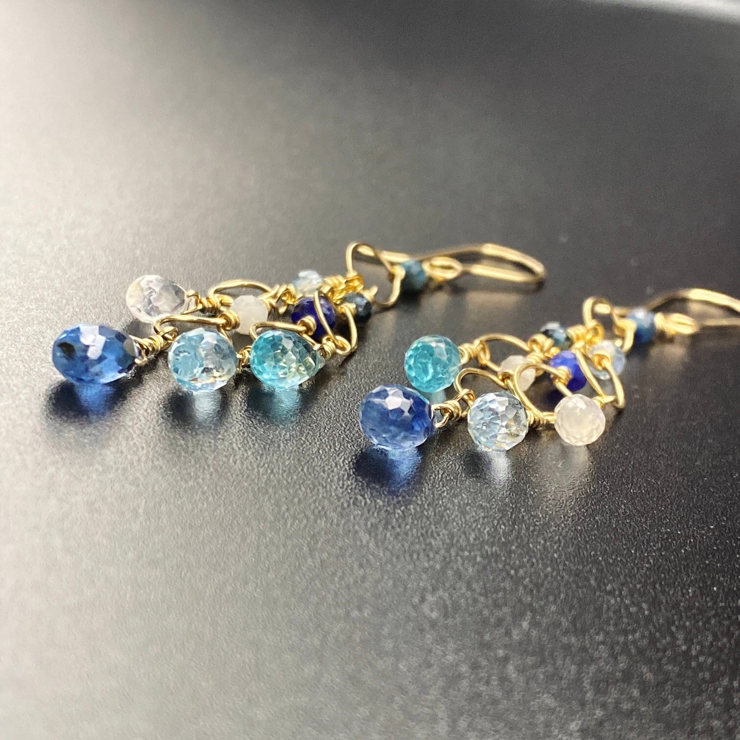 Elegant blue gold earrings, Frozen waterfall earrings, teal, something blue for bride