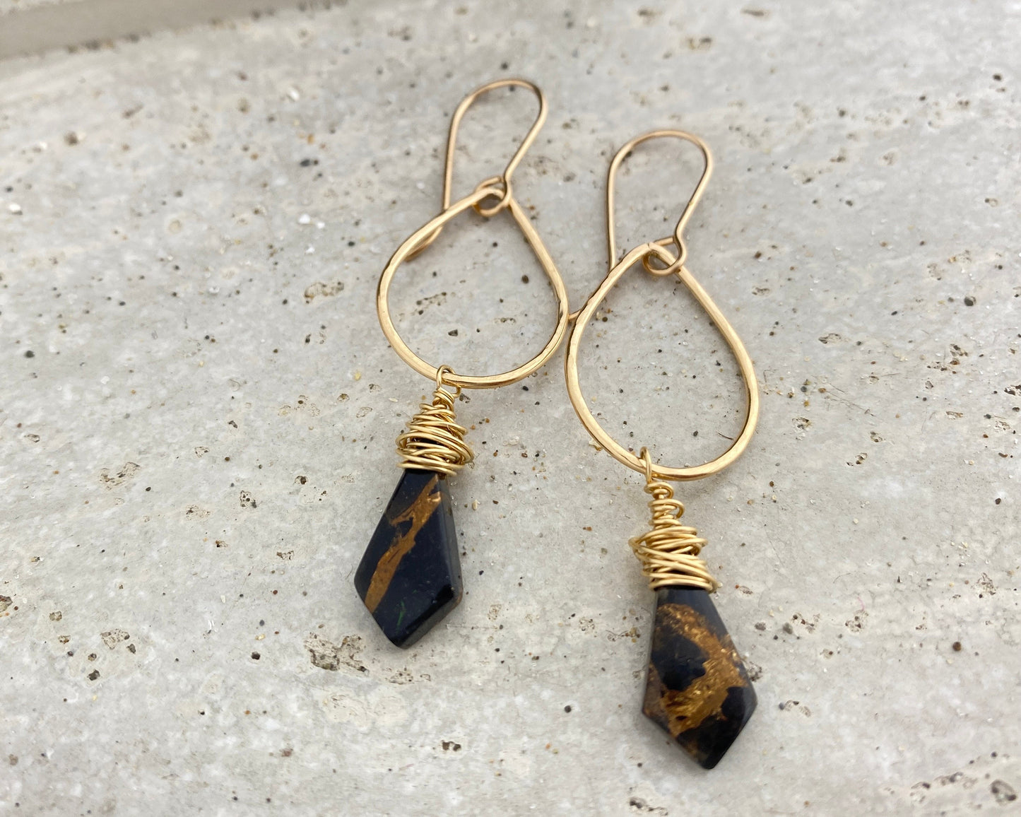 Black Gold Teardrop Earrings, obsidian copper stones on gold-fill, wrapped stones