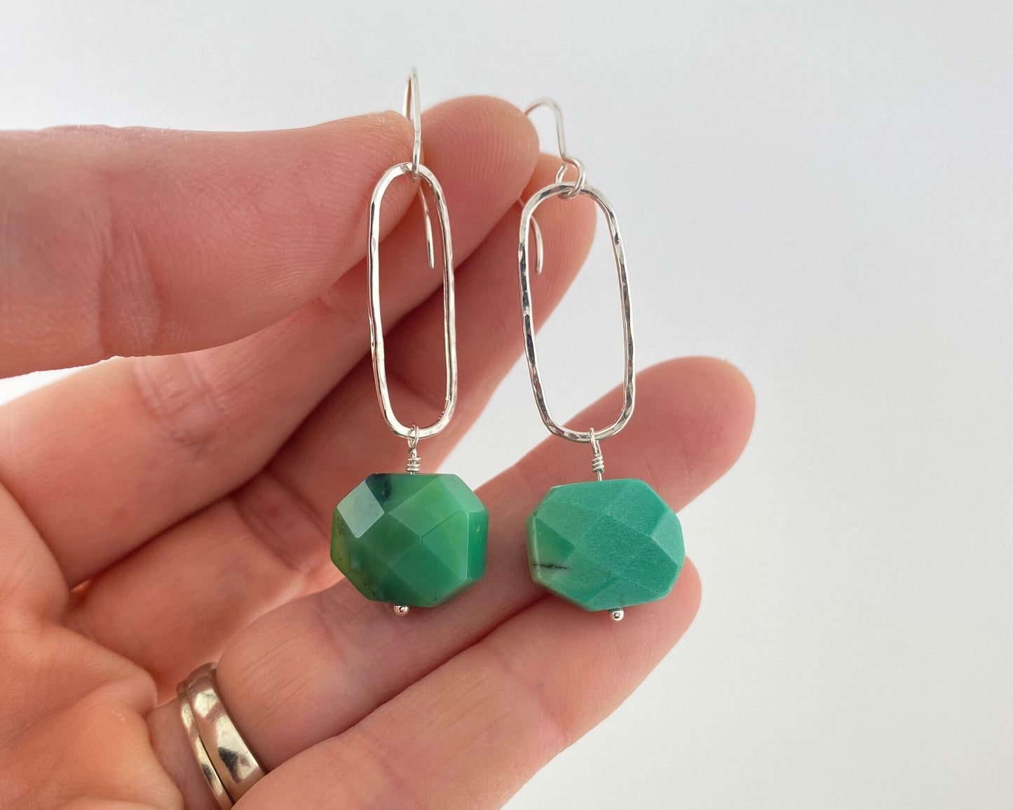 Apple agate rectangle silver earrings, green dangle