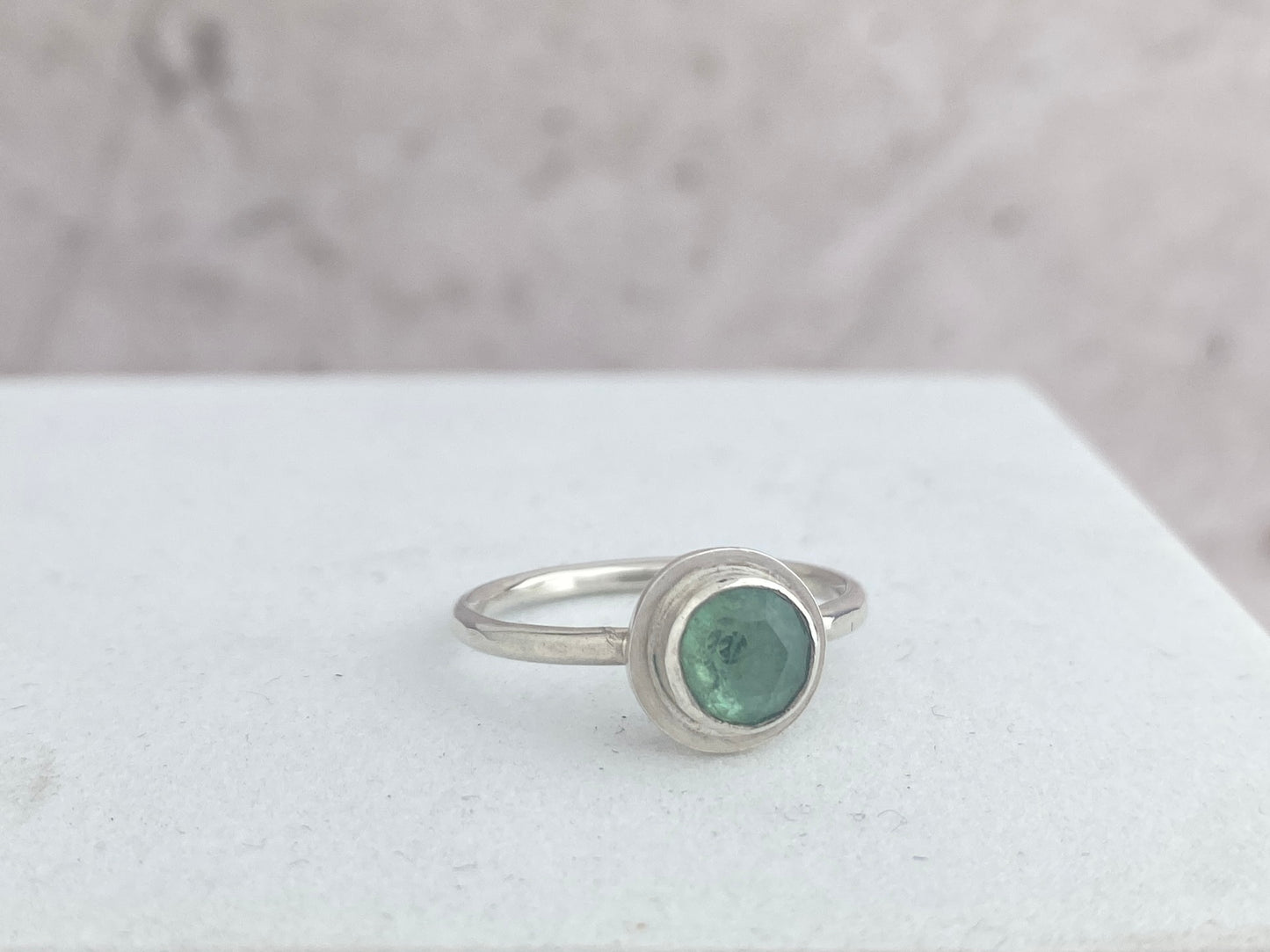 Green Kyanite ring, size 6.5, hammered thin silver band