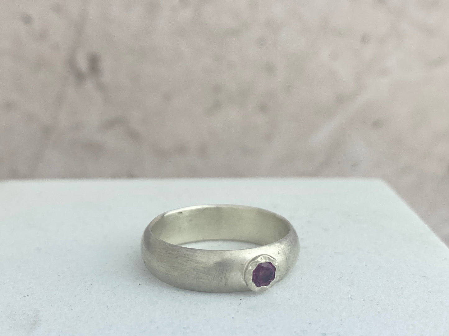 Rhodolite garnet ring, size 9 1/4, brushed silver comfort fit band