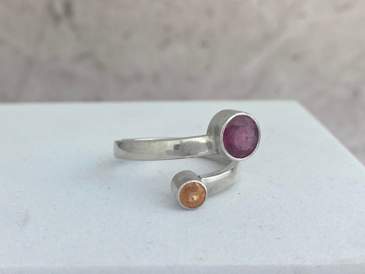 Pink Sapphire and Mandarin garnet bypass ring, size 8 3/4, comfort fit band